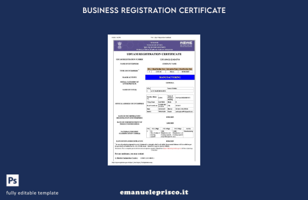 certificato di registrazione India Udyam in stile verificato Modello Word e PDF
